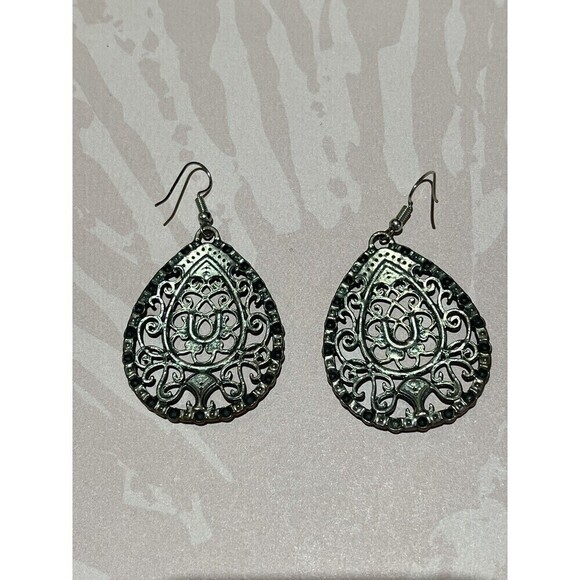 Pierced Earrings Silver Tone Filigree Mid Century Modernist Victorian Goth - Picture 6 of 9